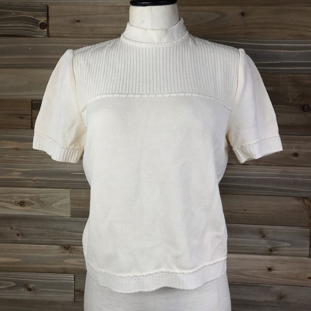 Cream Short Sleeve Knit Top - Classic Mock Neck